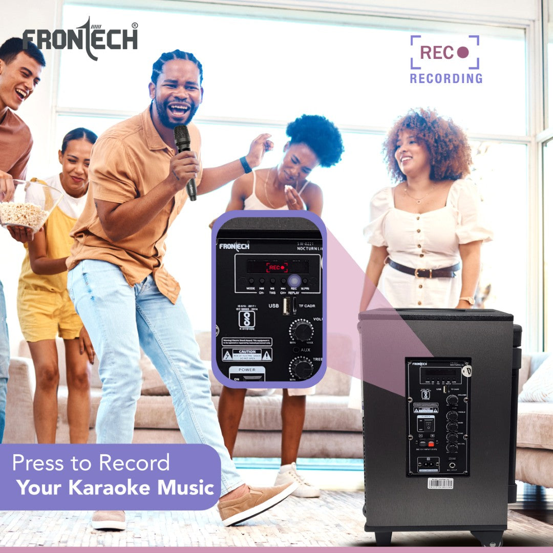 Frontech Nocturn Lite 80W Trolley Speaker | Wireless Mics, USB/BT/FM, Guitar & MIC Input, Rechargeable (SW-0221) Frontech Nocturn Lite 80W Trolley Speaker | Wireless Mics, USB/BT/FM, Guitar & MIC Input, Rechargeable (SW-0221)